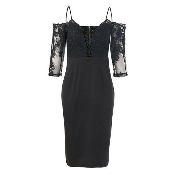 Rochie moderna de dama cu cravate si maneci din dantela in negru si roz