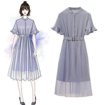 Rochie elegantă de damă cu mâneci scurte și curea în albastru și maro