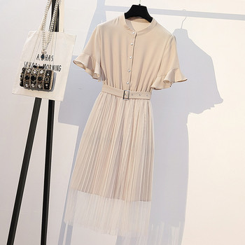 Rochie elegantă de damă cu mâneci scurte și curea în albastru și maro