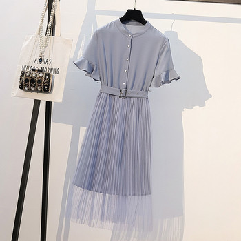 Rochie elegantă de damă cu mâneci scurte și curea în albastru și maro