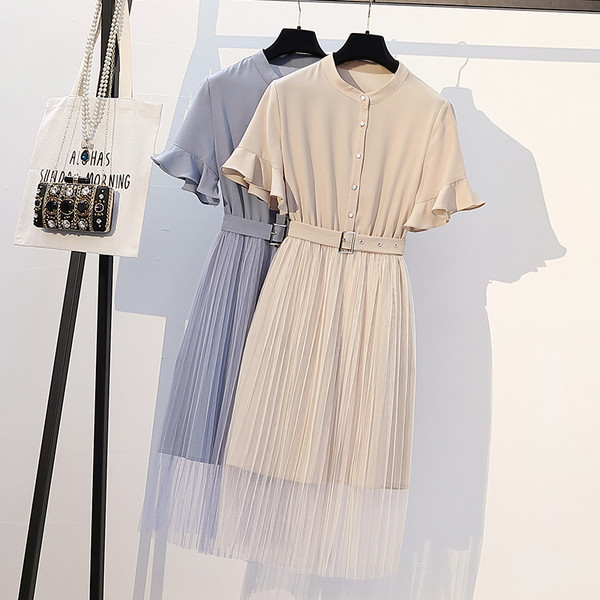 Rochie elegantă de damă cu mâneci scurte și curea în albastru și maro