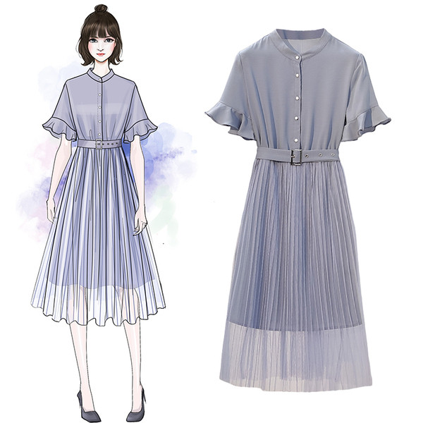 Rochie elegantă de damă cu mâneci scurte și curea în albastru și maro