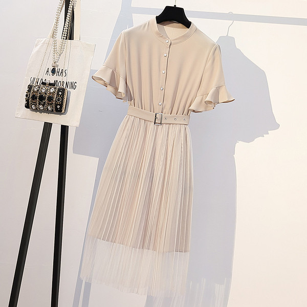 Rochie elegantă de damă cu mâneci scurte și curea în albastru și maro