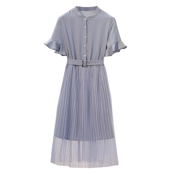 Rochie elegantă de damă cu mâneci scurte și curea în albastru și maro