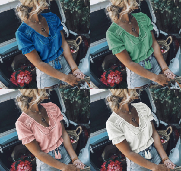 Bluză de damă modernă cu mâneci scurte și cravate în mai multe culori