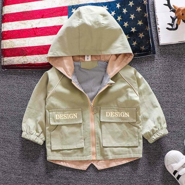 Jachetă modernă pentru copii pentru băieți cu glugă - verde și bej