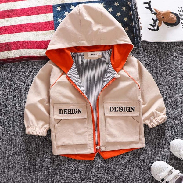 Jachetă modernă pentru copii pentru băieți cu glugă - verde și bej