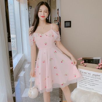 Rochie casual de dama cu model floral cu bretele subtiri