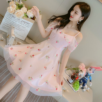 Rochie casual de dama cu model floral cu bretele subtiri