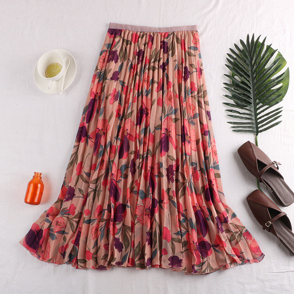 Fusta de dama plisata cu motive florale - in trei culori