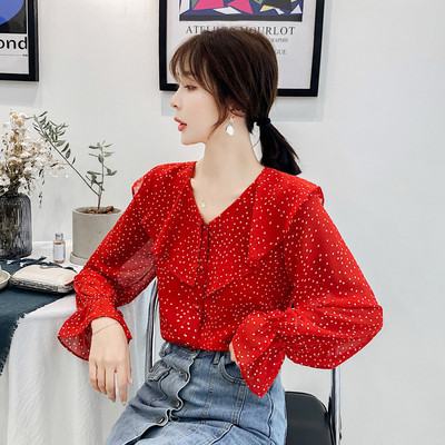 Cămașă modernă de damă în roșu și negru cu mâneci lungi