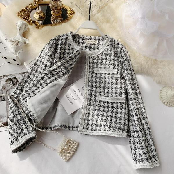 Geaca dama in carouri cu decolteu O in doua culori