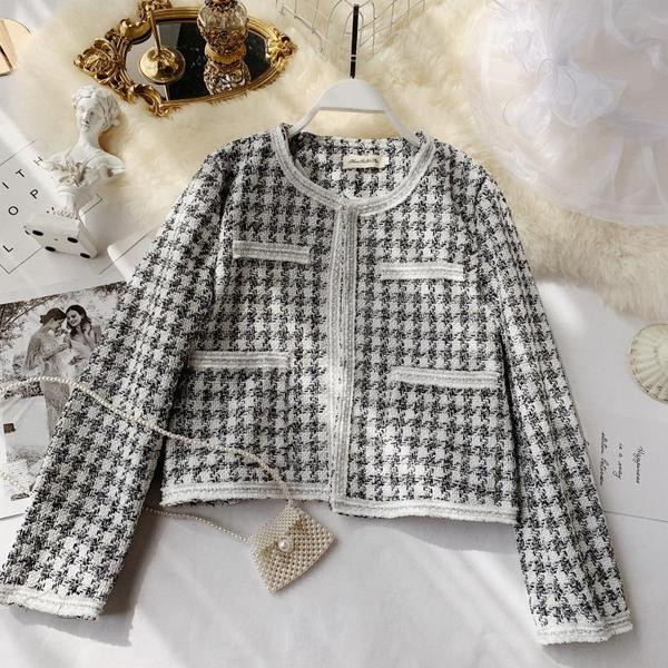 Geaca dama in carouri cu decolteu O in doua culori