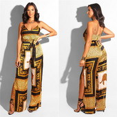 Salopetă modernă de damă cu bretele subțiri și decolteu în V într-un model cu model