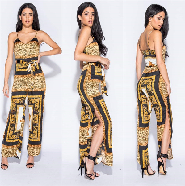 Salopetă modernă de damă cu bretele subțiri și decolteu în V într-un model cu model