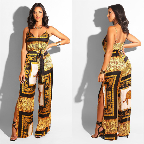 Salopetă modernă de damă cu bretele subțiri și decolteu în V într-un model cu model