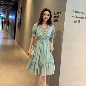 Rochie casual de dama lunga in doua culori cu decolteu in V