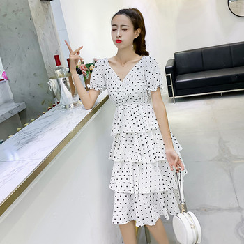 Rochie moderna de dama lunga cu puncte in doua culori