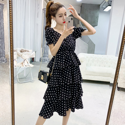 Rochie moderna de dama lunga cu puncte in doua culori