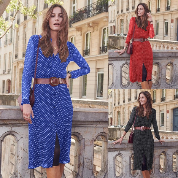 Rochie de damă cu buline și decolteu în V în trei culori