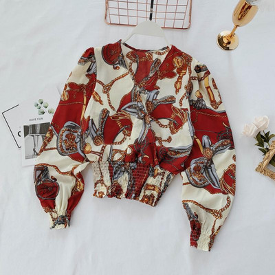 Cămașă elegantă de damă cu model colorat și decolteu în V