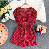 Salopetă de damă modernă cu puncte în albastru, alb și roșu