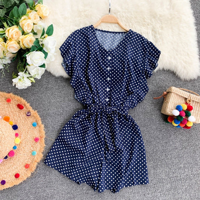 Salopetă de damă modernă cu puncte în albastru, alb și roșu