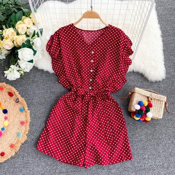 Salopetă de damă modernă cu puncte în albastru, alb și roșu