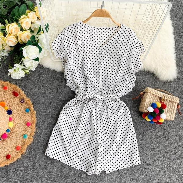 Salopetă de damă modernă cu puncte în albastru, alb și roșu