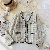 Geaca de dama de toamna cu guler in forma de V in alb si negru