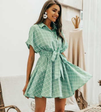 Rochie dama in carouri cu maneca scurta de culoare verde