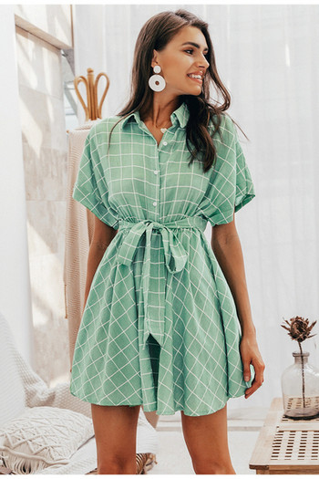 Rochie dama in carouri cu maneca scurta de culoare verde