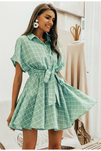 Rochie dama in carouri cu maneca scurta de culoare verde