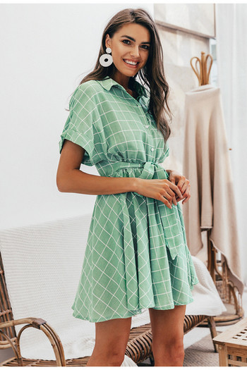 Rochie dama in carouri cu maneca scurta de culoare verde