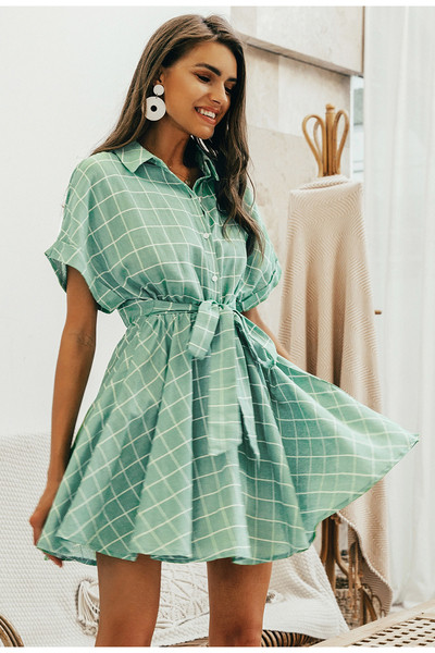 Rochie dama in carouri cu maneca scurta de culoare verde