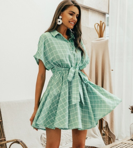 Rochie dama in carouri cu maneca scurta de culoare verde