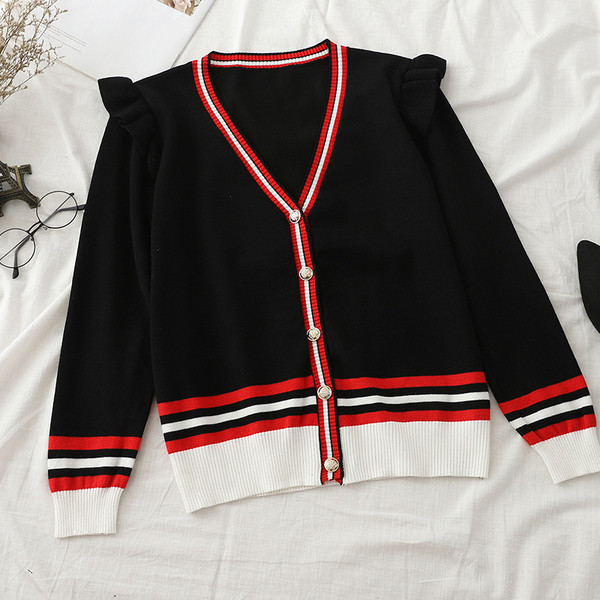 Vesta casual de dama cu decolteu in V si nasturi alb-negru