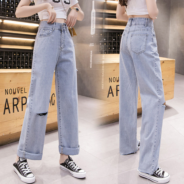 Blugi casual dama - model larg cu talie inalta