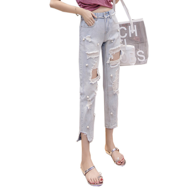 Blugi de dama actuali in culoare deschisa cu perle decorative