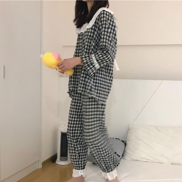 Pijamale de damă în carouri în două părți alb-negru