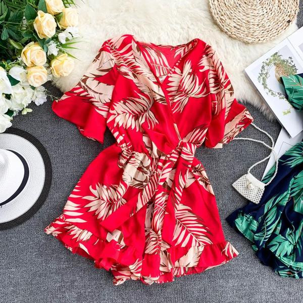 Salopetă elegantă de damă cu model floral și mâneci scurte