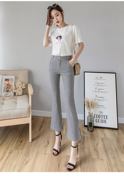 Pantaloni moderni de dama in carouri cu talie inalta