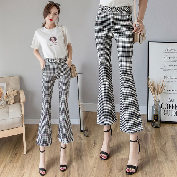 Pantaloni moderni de dama in carouri cu talie inalta