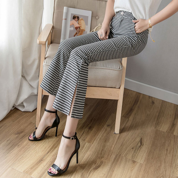 Pantaloni moderni de dama in carouri cu talie inalta