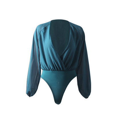 Corp de damă modern, cu mâneci lungi și decolteu adânc în verde