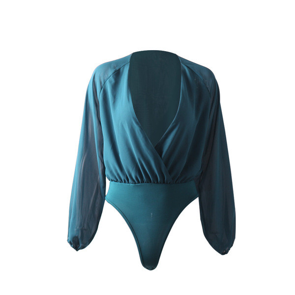 Corp de damă modern, cu mâneci lungi și decolteu adânc în verde