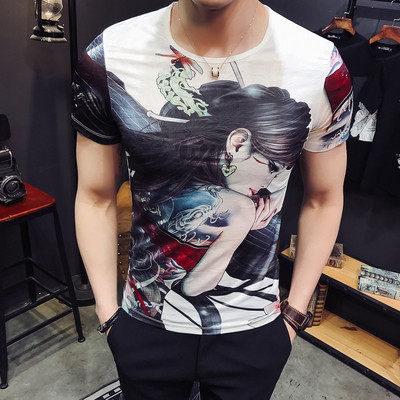 Tricou casual barbatesc cu aplicatie in albastru si alb