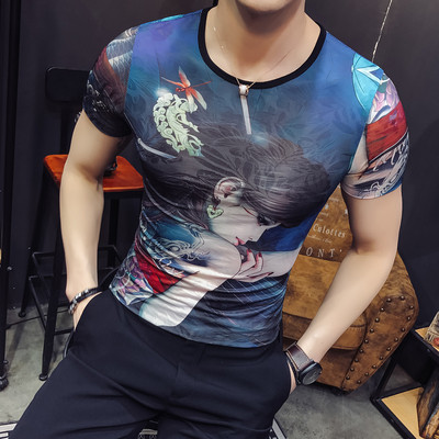 Tricou casual barbatesc cu aplicatie in albastru si alb