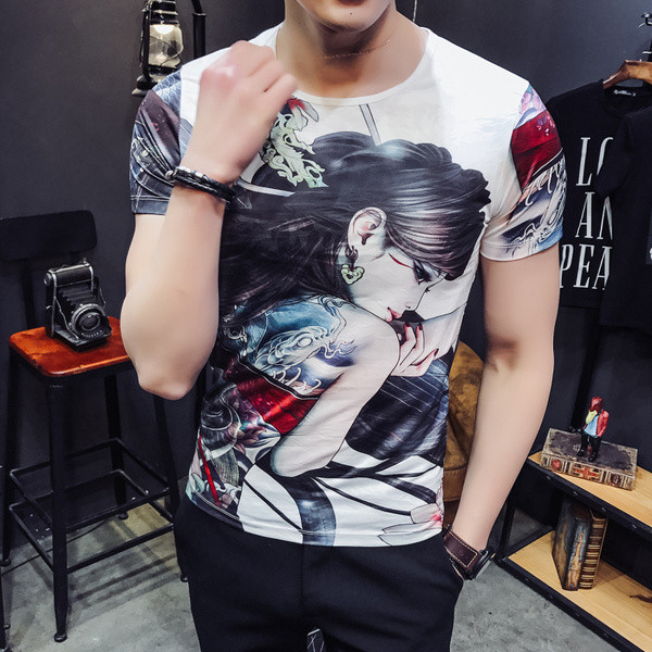 Tricou casual barbatesc cu aplicatie in albastru si alb