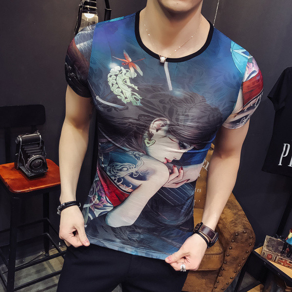 Tricou casual barbatesc cu aplicatie in albastru si alb